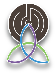 Spiritual Wandering logo - a triquetra overlaid on a labyrinth.